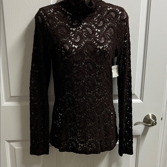 Karen Kane dark brown Lace Long Sleeve Top turtleneck medium see through - Picture 3 of 7